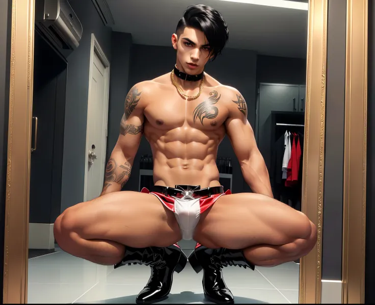 A shirtless 25 year old male ,   , clean shaven, nice skin, colorful tattoos,  short clean long prettysexy black hair hot guy, tight cherry red plastic vinyl booty shorts for men very very tight and tiny and short and very red, wearing gold chains around h...