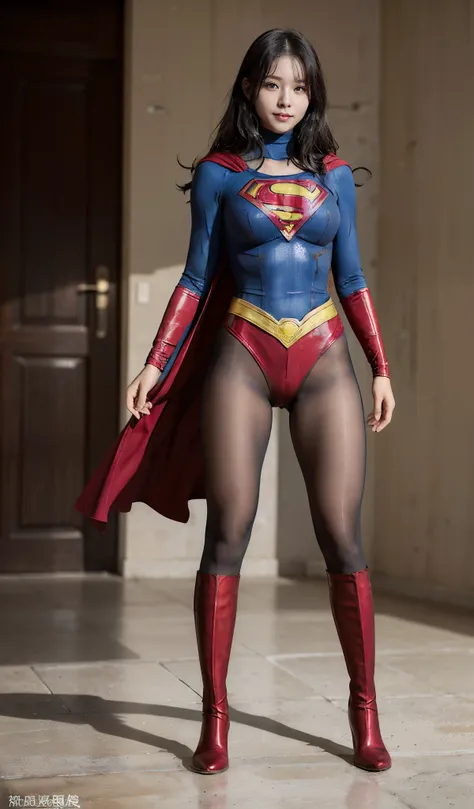 No background、(((Beautiful legs in black tights.)))、(((Legally express the beauty of your smile)))、((((Make the most of your original images)))、(((Supergirl Costume)))、(((Beautiful Hair)))、(((suffering)))、(((Please wear black tights....、Wear red boots)))、(...