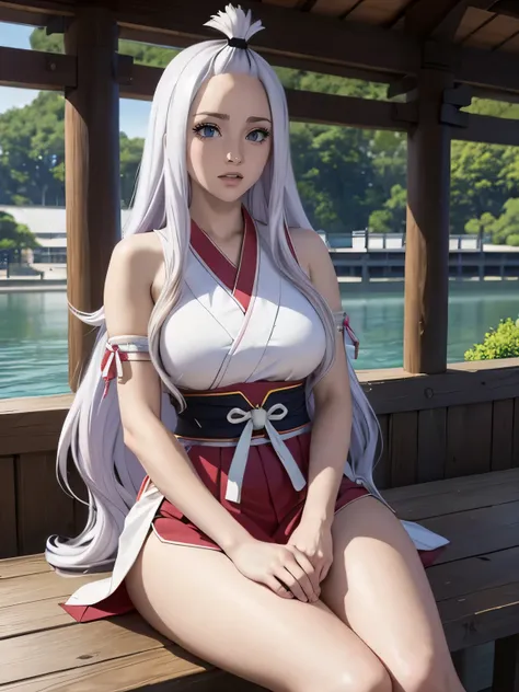 anime girl with long white hair sits on a pier next to a lake, japanese goddess, seductive realistic girl, big ,beautiful, allur...