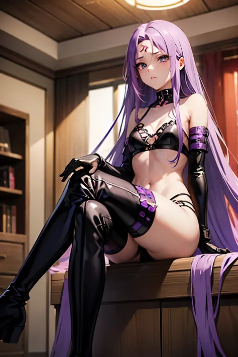 Medusa、fate、Purple Hair、Long Hair、((Thigh-high boots))、Photo from below、Medium chest、Bedroom、Black Bra、Black Panties、((Long gloves))、Sitting with legs crossed