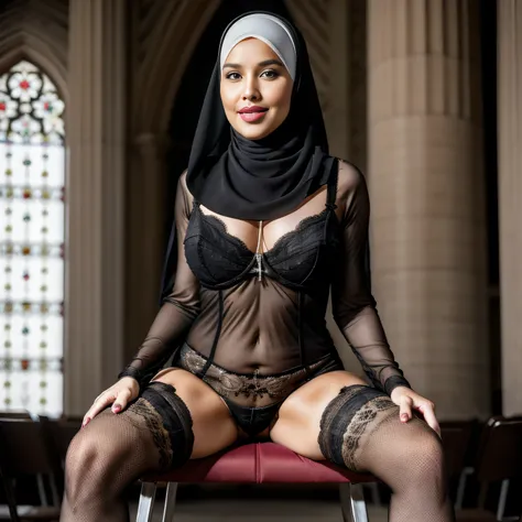 (portrait), (RAW photo, Best quality), (Realistic, photo-realistic:1.2), a sexually attractive hourglass figure 14 years old girl in high heels spread her legs, (sit on a chair in church), (Black and white hijab:1.3), In churches, ((lingerie)), makeup, red...