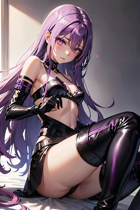 Medusa、fate、Purple Hair、Long Hair、((Thigh-high boots))、Photo from below、Medium chest、Bedroom、Black Bra、Black Panties、((Long gloves))、