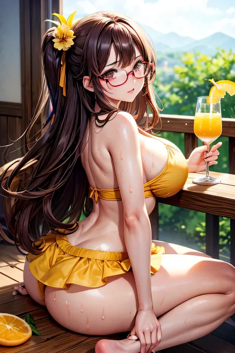 High resolution, high quality, 1 girl, Anime Girls, [[During pregnancy]],Brown long hair, Brown eyes, Pink Glasses,heart shaped pupils,Sunburned skin, Large Breasts,beautiful breasts,pointy breasts,(Big Ass),beautiful ass,Embarrassed,sundress,sweat,wet,sit...