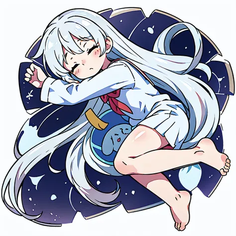 chibi, barefoot, kawaii, sleeping, closed eyes, own hugging feet, 1 girl, full body, transparent background, white hair, long hair, lying, school, white shirt dress, hugging a stuffed toy, from above