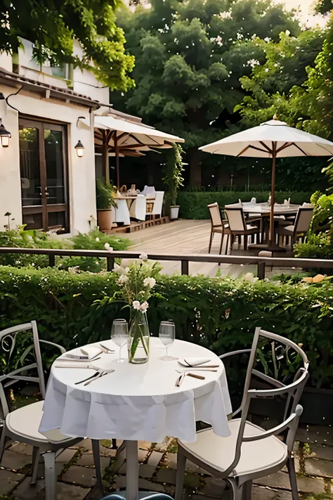 realistic restaurant with garden , white tables