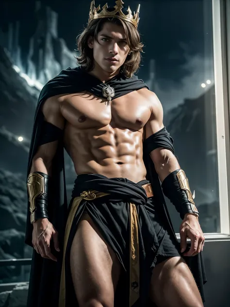 (photorealistic),masculine and shirtless male model, full body shot. A photograph of a 18 years old male model shirtless, he is sitting at the edge of futuristic throne, he is wearing a (dark evil masculine crown:1.4), and tight black futuristic loincloth,...