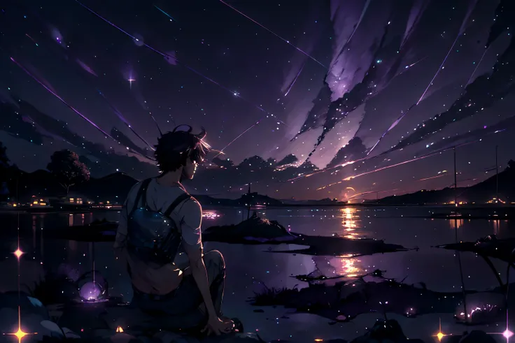 Painting of a sunset over a body of water, Space Sky. by makoto shinkai, Colorful night sky, dream scenery art, Makoto Shinkai and Tom Bagshaw, Ross Tran. Landscape Background, tom kinkade, Twinkling Star, anime. by makoto shinkai, Breathtaking digital art...