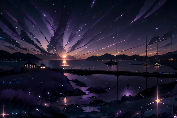 painting of a sunset over a body of water, space sky. by makoto shinkai, colorful night sky, dream scenery art, makoto shinkai a...