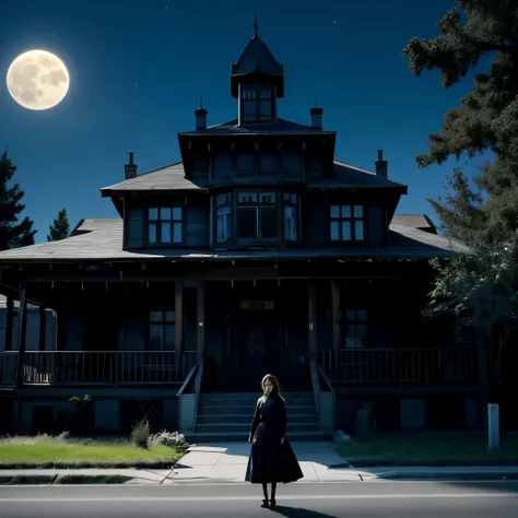 Haunted house、古いWestern-style building、Decaying、Full moon night、bat、Western-style building、Supergirl standing in front of the entrance、Western-style buildingの中にフランケンシュタインの執事、