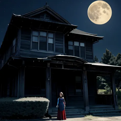 Haunted house、古いWestern-style building、Decaying、Full moon night、bat、Western-style building、Supergirl standing in front of the entrance、Western-style buildingの中にフランケンシュタインの執事、