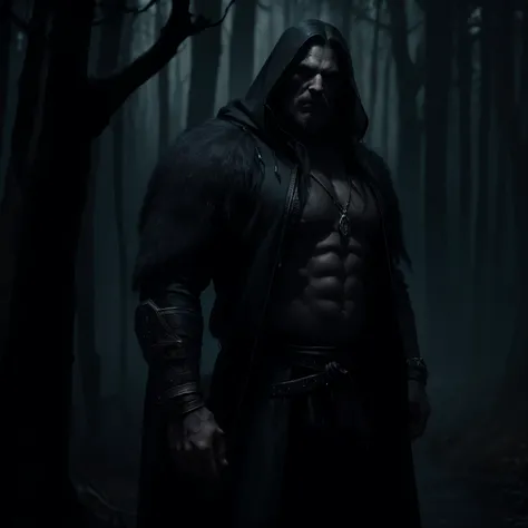 arafed big strong man viewed in profile in a hooded jacket standing in a dark forest, strong nordic viking, dark fantasy concept art, dark concept art, dark fantasy character design, dark cinematic concept art, the witcher concept art, beastman concept, ph...