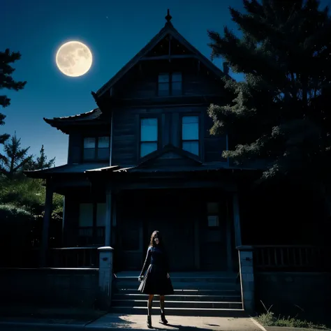 Haunted house、古いWestern-style building、Decaying、Full moon night、bat、Western-style building、Supergirl standing in front of the entrance、