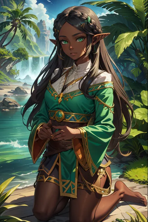 aazelda, long hair, pointy ears, dark skin, green eyes, seiza, feet, (extremely detailed cg unity 4k wallpaper),(masterpiece),(b...