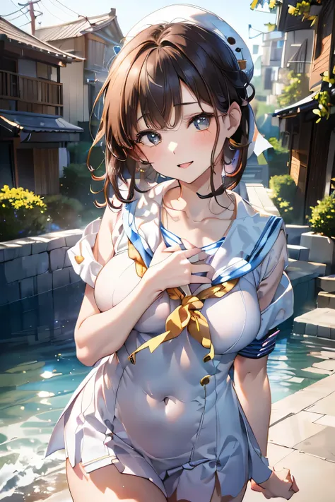 Ample breasts、Sitting on the school steps,(((A clean white sailor  that clings to the chest:1.7))),(((A woman wearing a clean sailor suit:1.7 ))), Shiny light brown and orange striped short hair,Cute Smile,Perfect round face,A bright smile that makes every...