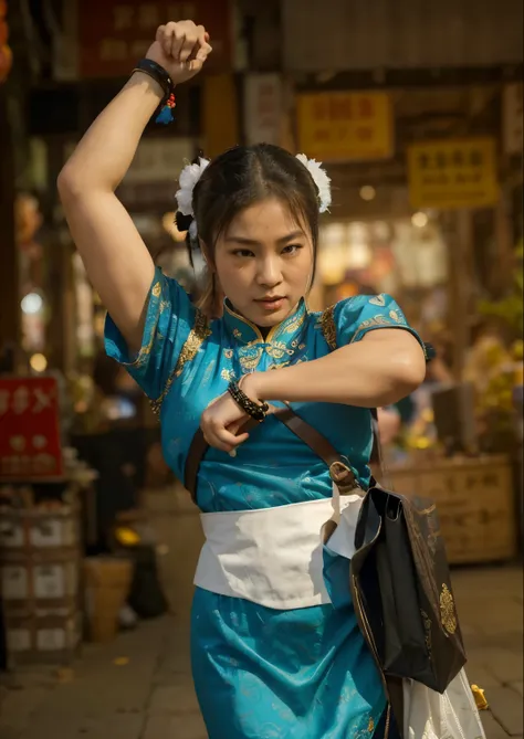 (Best quality, 8k, 32k, Masterpiece, UHD:1.2) Transform the scene into the bustling Shopping District of Taiping Road, Chun-Lis iconic stage from the Street Fighter series. Picture a lively street lined with colorful storefronts, adorned with vibrant signs...