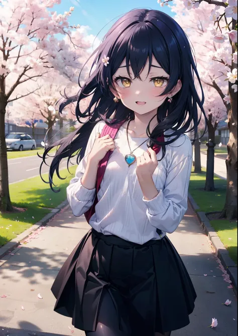 You are so kind, umi sonoda, Long Hair, Blue Hair, (Yellow Eyes:1.5) (Flat Chest:1.2),happy smile, smile, Open your mouth,Rocket Pendant,
sweater,Long skirt,Mini Boots,Cherry blossoms are blooming,Cherry blossoms are scattered,Cherry blossom tree-lined pat...