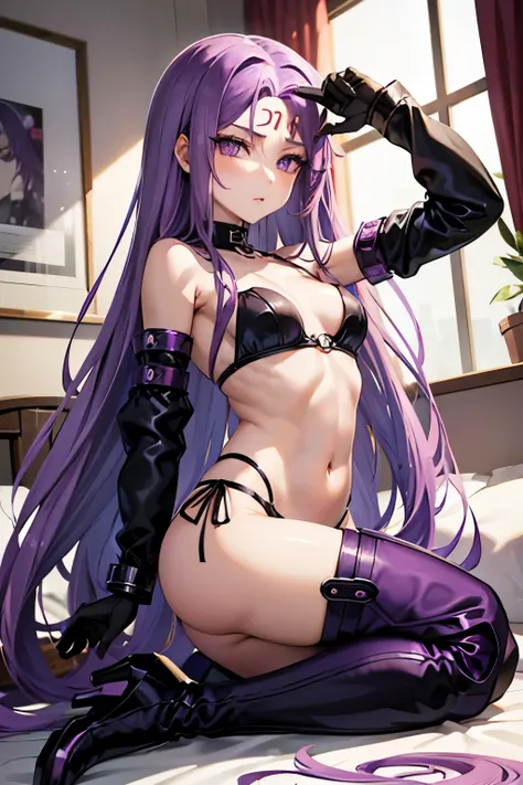 Medusa、fate、Purple Hair、Long Hair、((Thigh-high boots))、Photo from below、Medium chest、Bedroom、Black Bra、Black Panties、((Long gloves))、Kneeling