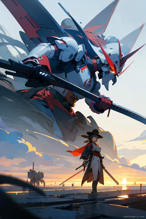 Girl, sci-fi samurai,mecha samurai, hat, armour plated clothes, anime style, view from distance