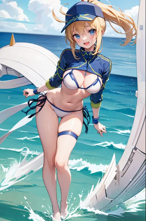 masterpiece,(ultra-detailed),1girl, mysterious heroine xx (fate), half_eyes,smile,open mouth, swimsuit, white bikini, side-tie bikini bottom, shrug (clothing), jacket,  thigh strap, wristband,  large_breasts, ocean, splashing,blonde_ponytail,open_legs,cap,...