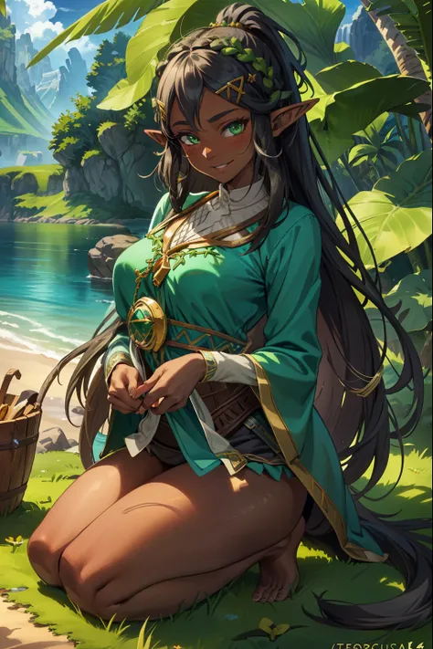 aazelda, long hair, pointy ears, dark skin, Green eyes, Black hair, Seiza, barefoot, (extremely detailed CG unity 4k wallpaper),(masterpiece),(best quality),(ultra-detailed),(best illustration),(best shadow),(absurdres),(detailed background), Tropical isla...