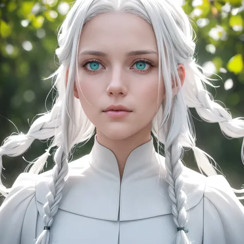 Portrait of a person with white hair, green eyes, clad in white clothes, gaze directed upward focusing on the strands of hair and fair skin, featuring side braids, upper body depicted with photorealistic detail, including depth of field effect and super re...