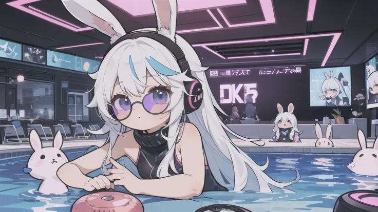 fantasy poolside,anime white hair girl with headphones, wearing rabbit ears,cyberpunk outfit,part cyborg body,party night with c...