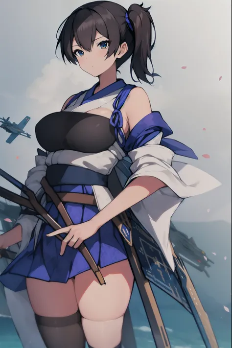 Kaga(Fleet Collection),highest quality, masterpiece, High resolution,kimono,blue skirt,side ponytail,big_breasts,