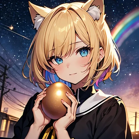 (rainbow in the starry sky:1.2), (A girl holds a golden egg with both hands),detailed black sailor uniform, detailed wide open blue eyes, beautiful short gold hair,clearly outlined, Cat ear