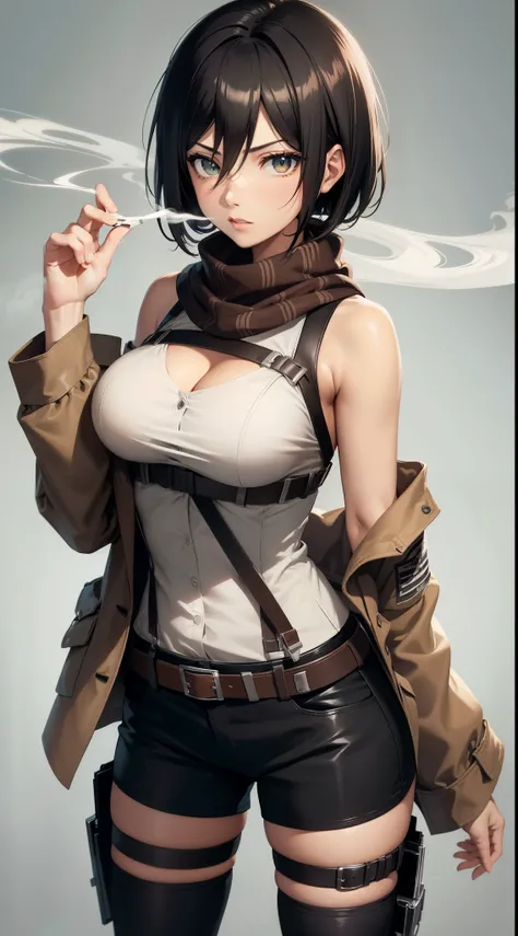 aot style, shingeki no kyojin,

mikasa ackerman,cleavage，Off-the-shoulder attire，Cut shirt

1girl, arm strap, bangs, black hair, black pants, breasts, cowboy shot, embers, green eyes, grey background, hair between eyes, harness, long sleeves, looking at vi...