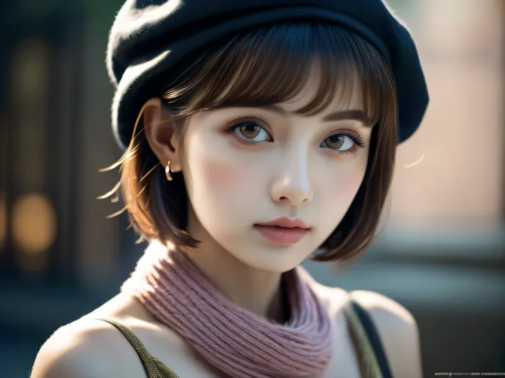 masterpiece, best quality, cinematic lighting, intricate composition,looking at viewer, 1 girl, cheek, earrings, short bob cut, beret, summer muffler, blue brown contact lens, catch light on the eyes, pink lips,