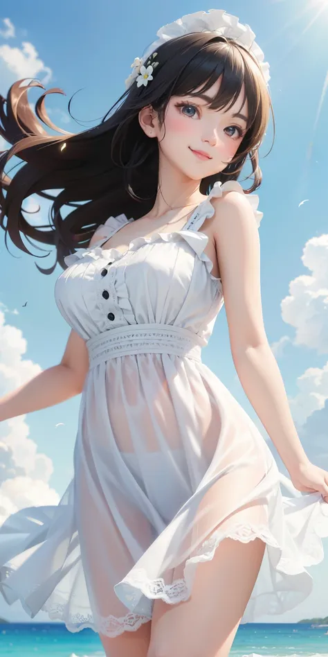 very cute and beautiful girl,White ruffled sundress with fine lace,(Very exquisite beautiful face and eyes:1.2),smile
ひまわり畑の真ん中に立つ,Beautiful summer sky,
Mid Shot,(smile),Black Hair,Dynamic pose,Leg details,Big Breasts、Perfect proportions
(highest quality,m...