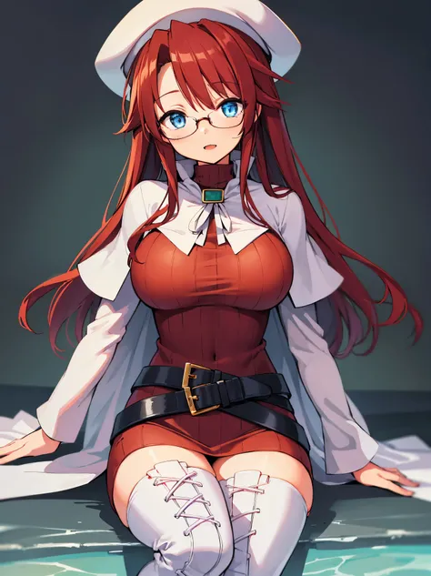 summonnightaty, aty, long hair, blue eyes, red hair, beret, hat, glasses,
BREAK long hair, thighhighs, hat, dress, boots, glasses, belt, cape, sweater, zettai ryouiki, beret, thigh boots, white footwear, ribbed sweater, loose belt,solo,
BREAK outdoors, fan...