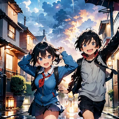 An image of one middle school boy and one middle school girl running home in the rain, playfully throwing their umbrellas into the air. They are both wearing their school uniforms and carrying backpacks. The boy and girl are laughing and enjoying the momen...