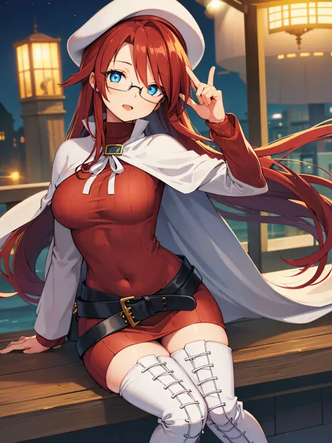 summonnightaty, aty, long hair, blue eyes, red hair, beret, hat, glasses,
BREAK long hair, thighhighs, hat, dress, boots, glasses, belt, cape, sweater, zettai ryouiki, beret, thigh boots, white footwear, ribbed sweater, loose belt,solo,
BREAK outdoors, fan...