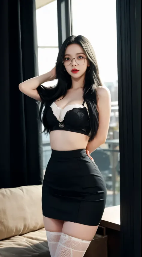 big hips, waist-length clothes, Brassiere, patterned stockings, glasses, White hair, skirt lifted