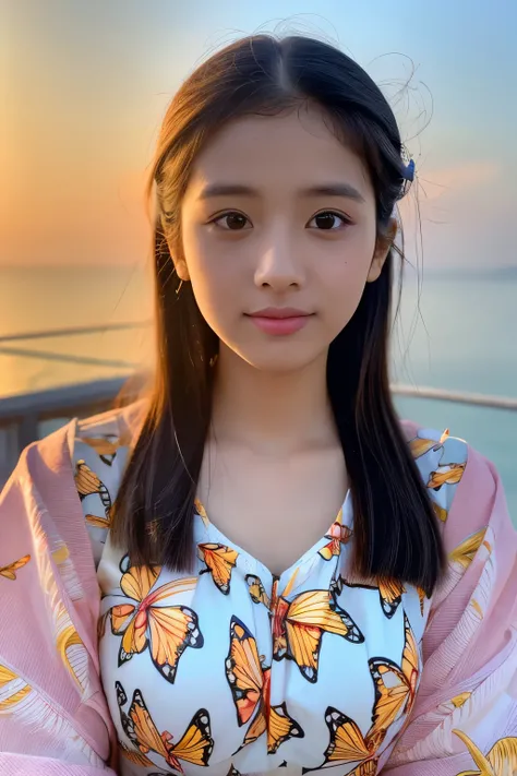 ((masterpiece)), highest quality, (8k, highest quality, masterpiece: 1.2), Very detailed,A cute YouTuber girl watching the sunrise in Aogashima、Butterfly patterned clothing、Single eyelid、Pointed nose、