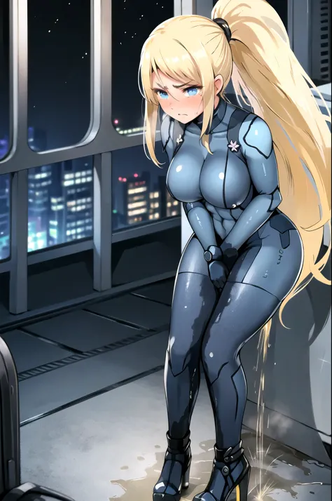 samus aran, (facing viewer:1.25), ponytail, large breasts, hair tie, blue gloves, blue bodysuit, (full bodysuit:1.5), high heels, (standing straight:2.0), peeing herself, (wetting herself:1.5), very large peeing stain, huge pee stain, best quality, ultra-d...