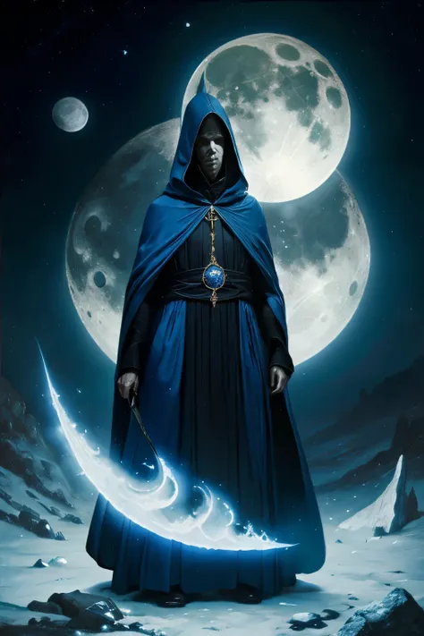 blue hood. cloak. sect dress. zarathustra's clothes. moon drawings. blue cloak. sect. moon. moon sect costume.