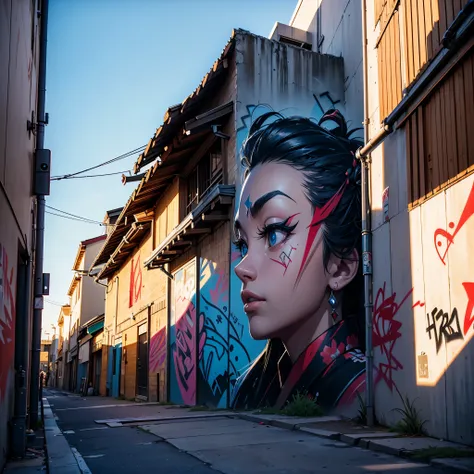 SIDE shot view, GRAFFITI DRAWING OF A SAMURAI ON THE WALL OF A BUILDING AND IN FRONT OF THE WALL THE GRAFFITI ARTIST MAN, REALIST style, beautiful picture, absurd amount of detail, SPRAY PAINT, (graffiti wall)、UTRA DETAILED ARMOR, ULTRA DETAILED SWORD, hyp...