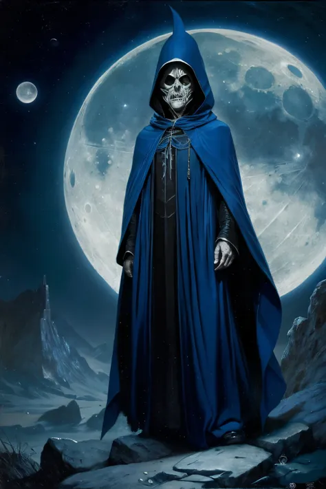 blue hood. cloak. sect dress. zarathustra's clothes. moon drawings. blue cloak. sect. moon. moon sect costume. creepy. horror.