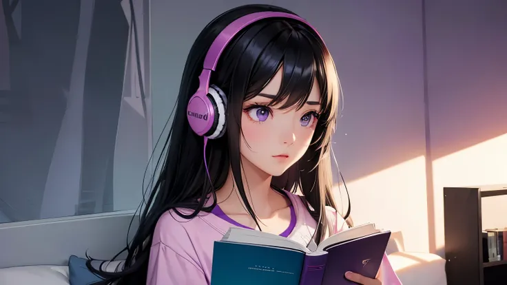 Create an image of a girl with long black hair wearing headphones. This girl must be reading a book in a room. The colors of the environment behind this girl should include shades of purple, pink, white and blue.