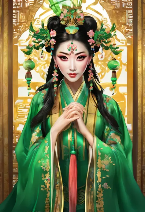 ((corpo todo)), samdoesarts style award winning corpo todo portrait of a beautiful woman, ((rosto feminino perfeito)),((Roupas Verdes Chinesas Antigas)), ((green costumes of Peking Opera)), (mangas compridas) mirante, Complex, (Olhos lindos e detalhados, s...