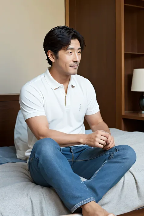 A Japanese man sitting in a chair with his elbows on his knees and looking at the bed、Middle-aged men、Jeans and polo shirt、bedroom