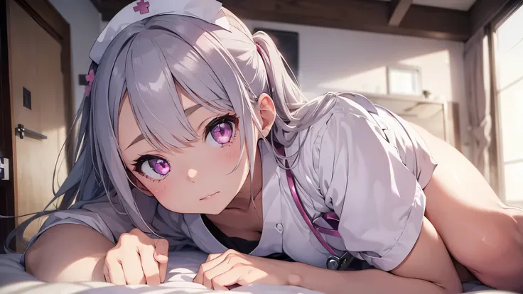 one girl, very beautiful face, beautiful eyes, detailed eyes, detailed face, detailed hair, masterpiece, anime girl, pink eyes, silver hair, , kawaii, nurse, nurse outfit, in bed, sexy outfit, seductive pose, hot, hot nurse