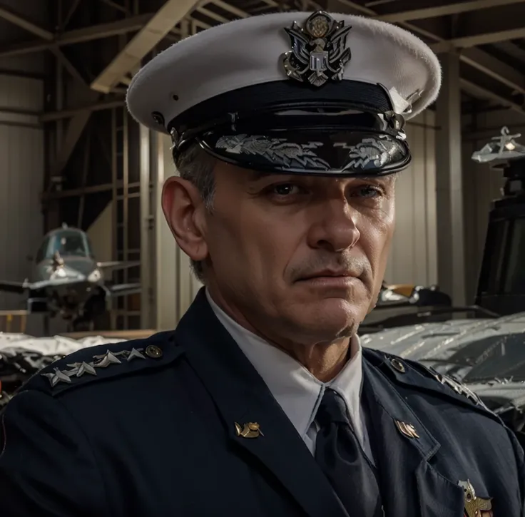 American military, mature American man very masculine face, angry expression, white hair, wears dark blue air force officer uniform, officers hat, medals on his uniform, is outdoors outside a military airforce hangar, an Apache helicopter in the background...