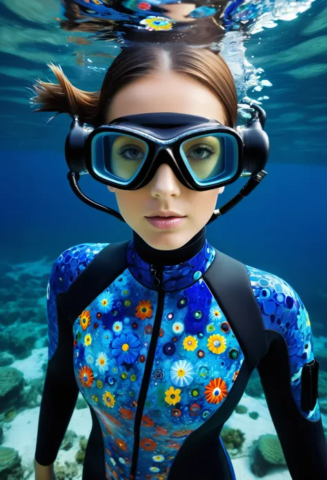 Millefiori glass style，diver，Wetsuit，deep sea，