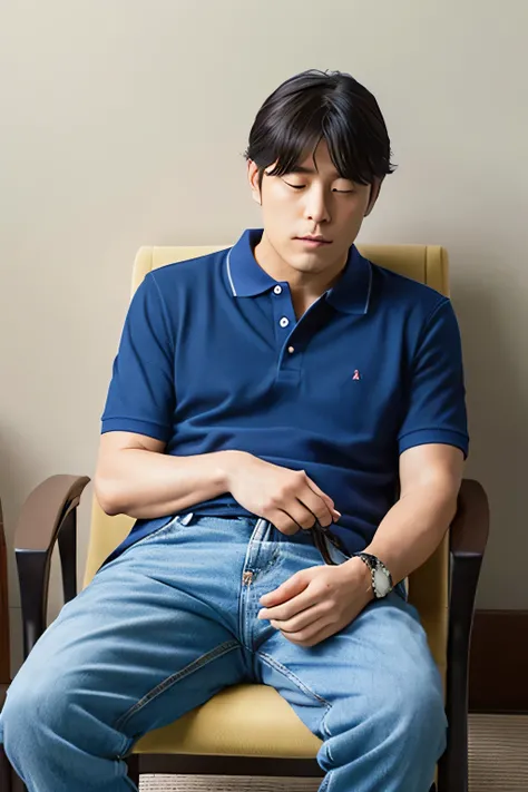 A Japanese man sitting in a chair with his elbows on his knees and looking down at the bed、Sleeping 、Middle-aged men、Jeans and polo shirt