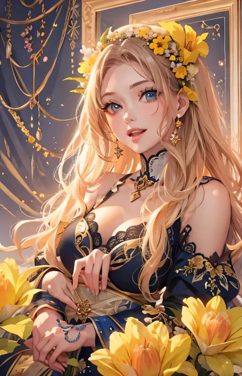 ((highest quality)), ((masterpiece)), (Get used to it), Perfect Face , beautiful girl , Princess , yellow , bouquet ,