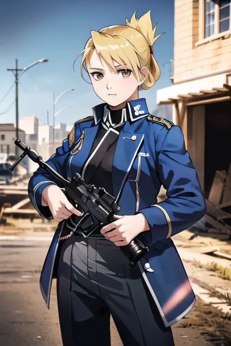 masterpiece, highest quality, High resolution, One girl, Hamriz, Folded ponytail, Brown eyes, Medium chest, uniform, Blue jacket, Blue pants, Are standing, Cowboy Shot, Outdoor, View your viewers,holding a rifle, Has an assault rifle, Gun Action:1.5, maste...