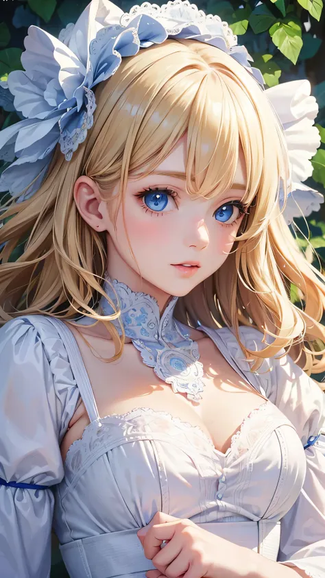 highest quality、Realistic、Adult Woman、zoom、look up、cute、Blue Eyes、Blonde hair、Curly Hair、White  Dresses、Face close-up、slender